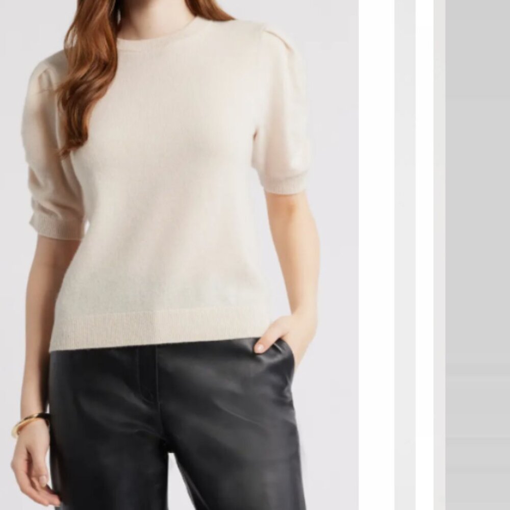 Nordstrom Ruched Short Sleeve Cashmere Crew Neck Pullover Sweater Beige Beach M